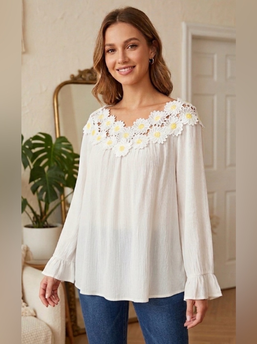 Judith March White Daisy Applique Peasant Blouse -Sz Large - NWT